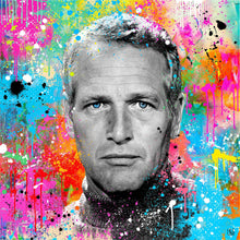 Blue Eyes - original og iøjnefaldende pop art kunst, der viser et sort/hvidt portræt af den ikoniske filmstjerne Paul Newman hvor kun øjnene har farven blå på en meget farvefyldt abstrakt baggrund med masser af malerklatter og -stænk - fra online galleriet Helt Sort Galleri