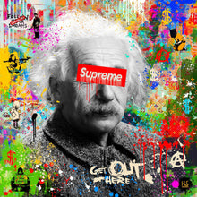 Get Out of Here - original pop art kunst, der viser et sort/hvid portræt af fysikeren Albert Einstein, med et Supreme logo som bjælke henover øjnene. Baggrunden er nærmest abstrakt og meget farvefyldt med graffiti af Banksy - fra online galleriet Helt Sort Galleri