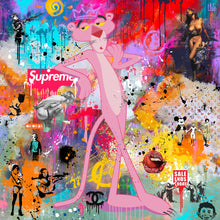 Just Another Monday - moderne pop art kunst, der viser den lyserøde panter som nærmest ser ud til at kede sig. I baggrunden er der masser af Banksy Graffiti og nøgne kvinder. Det hele er på en kulørfyldt abstrakt baggrund, ligesom billedet er fyldt med malerklatter og -stænk - fra online galleriet Helt Sort Galleri