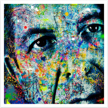 Leonard Cohen - moderne original kunst, der viser et farvestrålende close-up portræt af sangeren og sangskriveren. Kunstværket er på én gang abstrakt og et fotostat samt meget street art inspireret - fra online galleriet Helt Sort Galleri