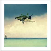 Next Stop Eden - klassisk surrealistisk kunst, der viser en hval flyvende på himmelen med nærmest en hel eksotisk ø på ryggen. Under hvalen er der hav og på en sten i havet står en gammel mand med en paraply - fra online galleriet Helt Sort