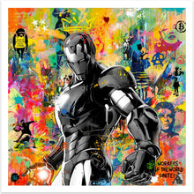 Payback Time - iøjnefaldende pop art kunst, der viser Iron Man i sort/hvid på en meget kulørfyldt baggrund, der nærmest er abstrakt med et street art twist og blandt andet med graffiti af Banksy - fra online galleriet Helt Sort Galleri