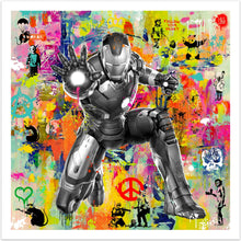 Stand Out - iøjnefaldende pop art kunst, der viser Iron Man i sort/hvid på en meget kulørfyldt baggrund, der nærmest er abstrakt med et street art twist og blandt andet med graffiti af Banksy - fra online galleriet Helt Sort Galleri