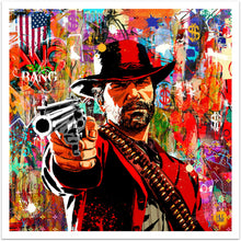 The Bounty Hunter - iøjnefaldende pop art kunst, der viser en sej cowboy pegende ud med en pistol. Baggrunden er kulørfyldt og meget street art og graffiti inspireret med et abstrakt twist - fra online galleriet Helt Sort Galleri