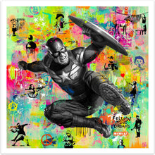 Time of Glory - iøjnefaldende pop art kunst, der viser Captain America i sort/hvid på en meget kulørfyldt baggrund, der nærmest er abstrakt med et street art twist og blandt andet med graffiti af Banksy - fra online galleriet Helt Sort Galleri