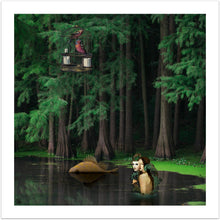 Between Days - surrealistisk kunst, som viser en skovsø hvori, der er en kvinde som holder en maske og man ser ryggen af en stor fisk samt et svævende bur med to fugle - fra online galleriet Helt Sort Galleri 