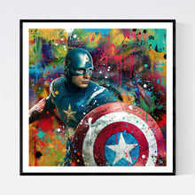 Time to Fight - moderne pop art kunst, der viser superhelten Captain America stånende kampklar med sit skjold. Baggrunden er meget kulørfyldt med afstemte faver og nærmest abstrakt med masser af malerklatter og -stænk - af pop artist og billedkunstner Helt Sort