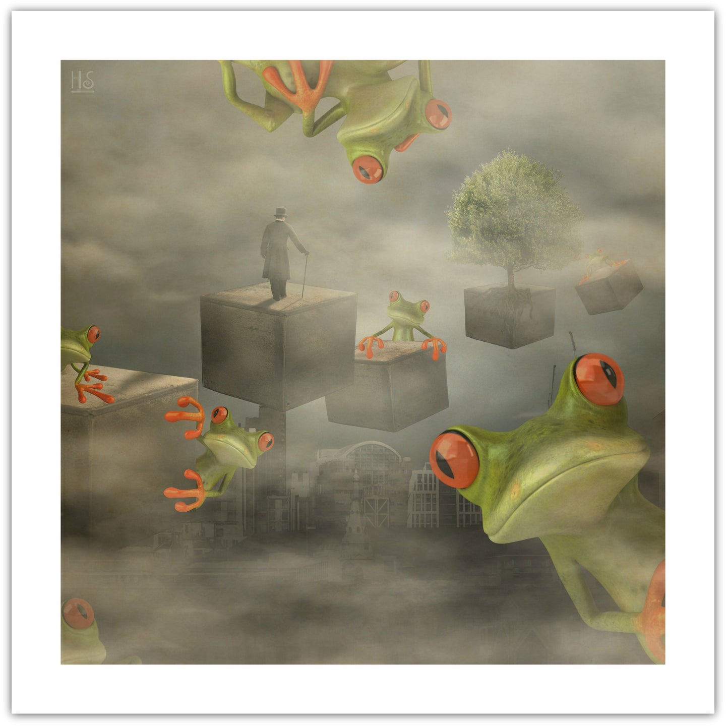 Fog and Frogs - mystisk landskab med svævende kasser. På den ene står en mand fra gamle dage og på en anden vokser et træ. På andre og omkring er der frøer - af billedkunstner og surrealist Hugo Sax