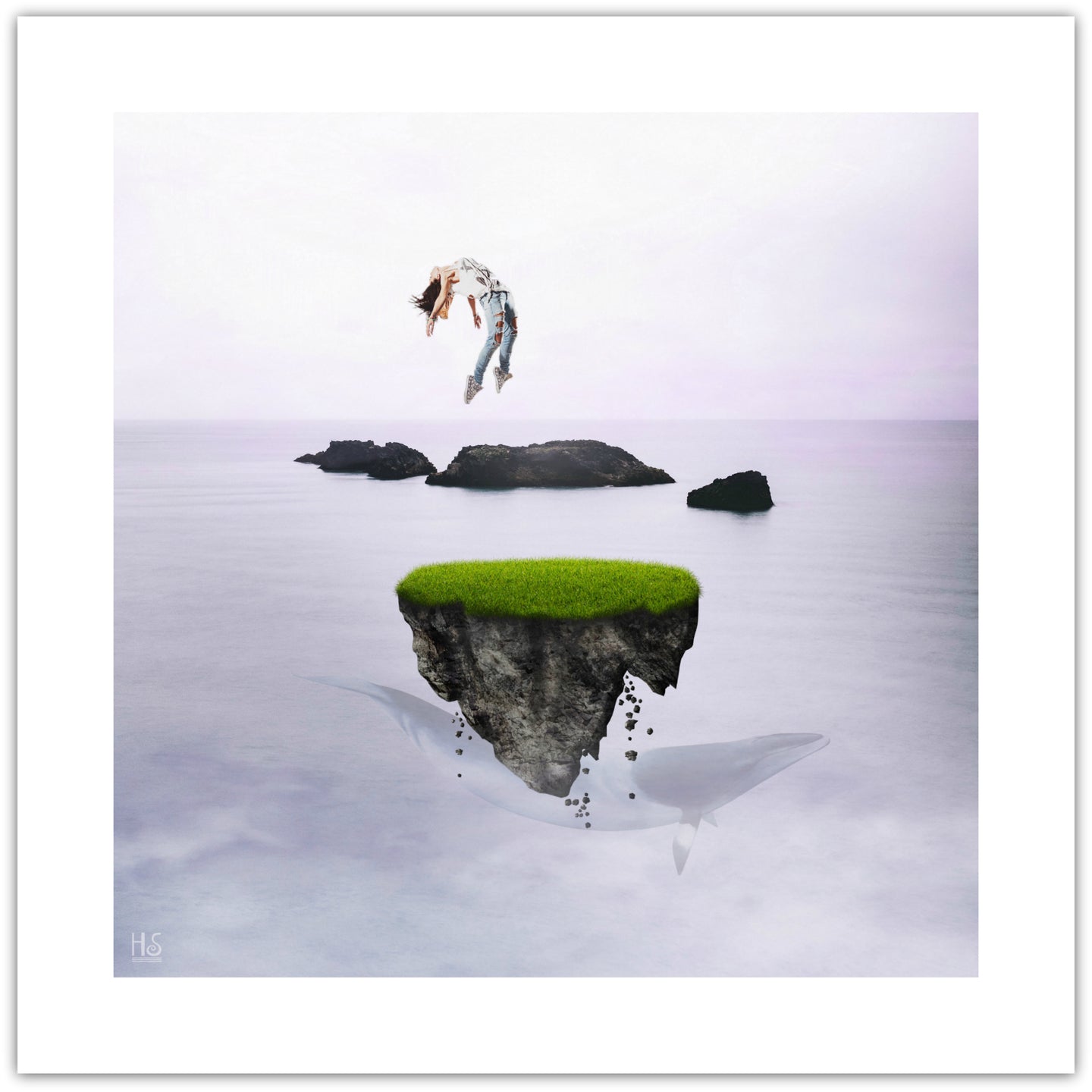 Island of Hope - original surrealistisk kunst, der viser en svævende ø over vand med klipper i baggrunden. Over øen svæver en kvinde i luften og under øen aner man en hval - af billedkunstner og surrealist Hugo Sax