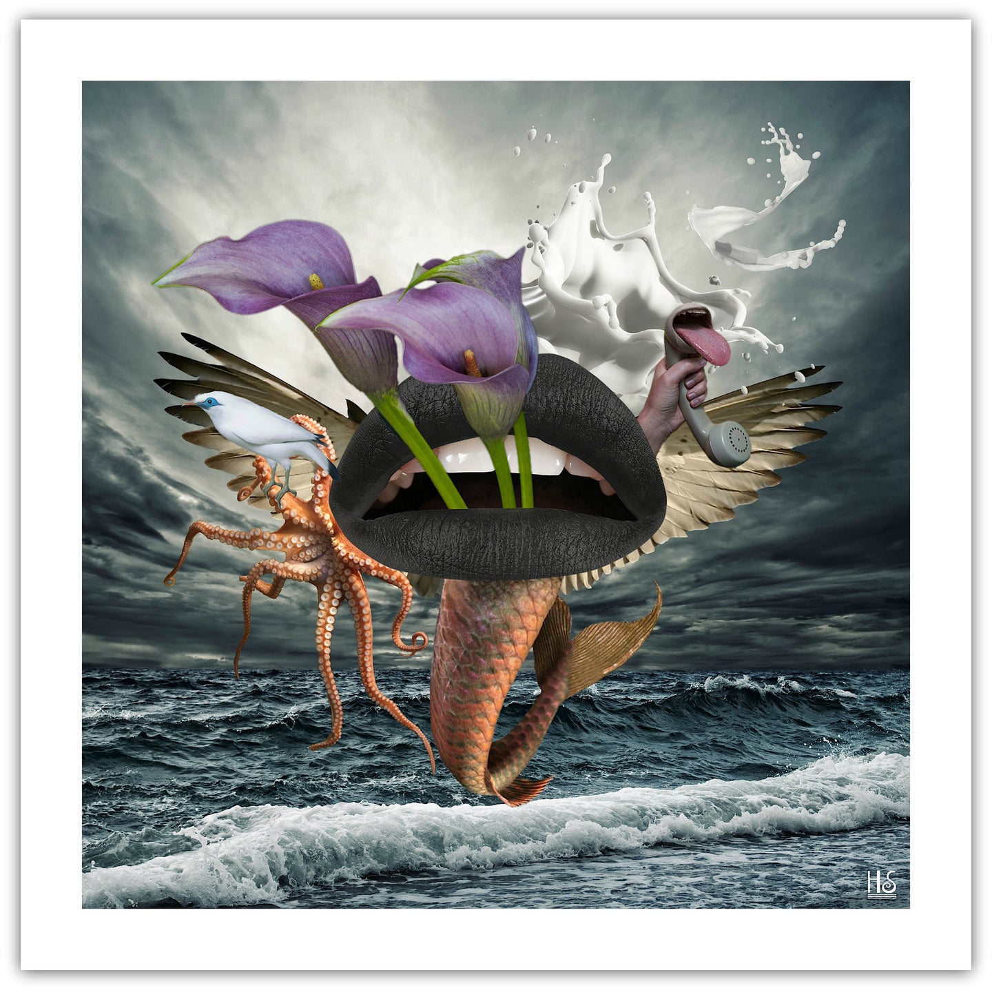 Behind and Beyond - original surrealistisk kunst, der med et truende hav i baggrunden viser et mix af bl.a. sort mund med bloster, vinger fugl og blæksprutte - af billedkunstner og surrealist Hugo Sax
