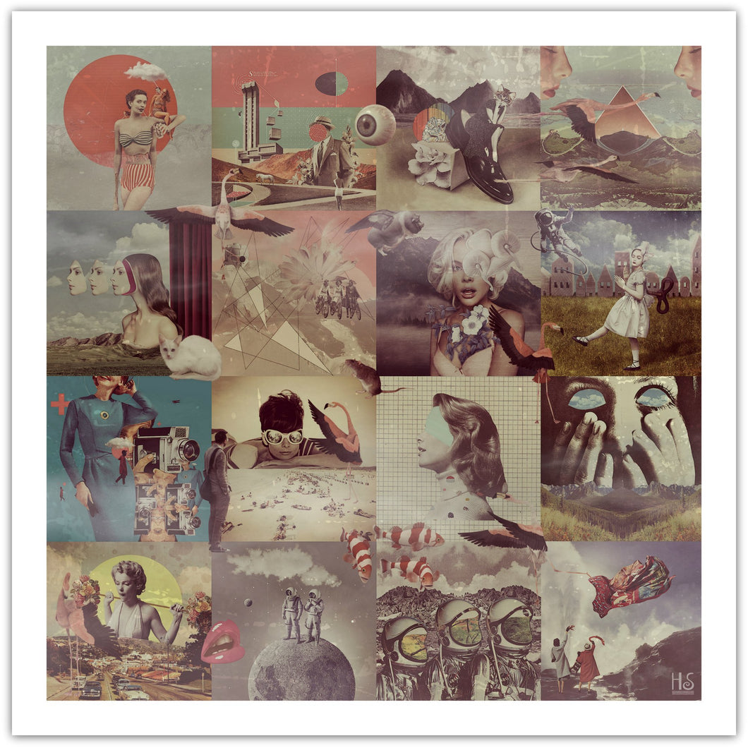 Collage Collage - surrealistisk kunst, der som titlen siger en en collage lavet ud af collager og det ialt af 16 billeder - af billedkunstner og surrealist Hugo Sax