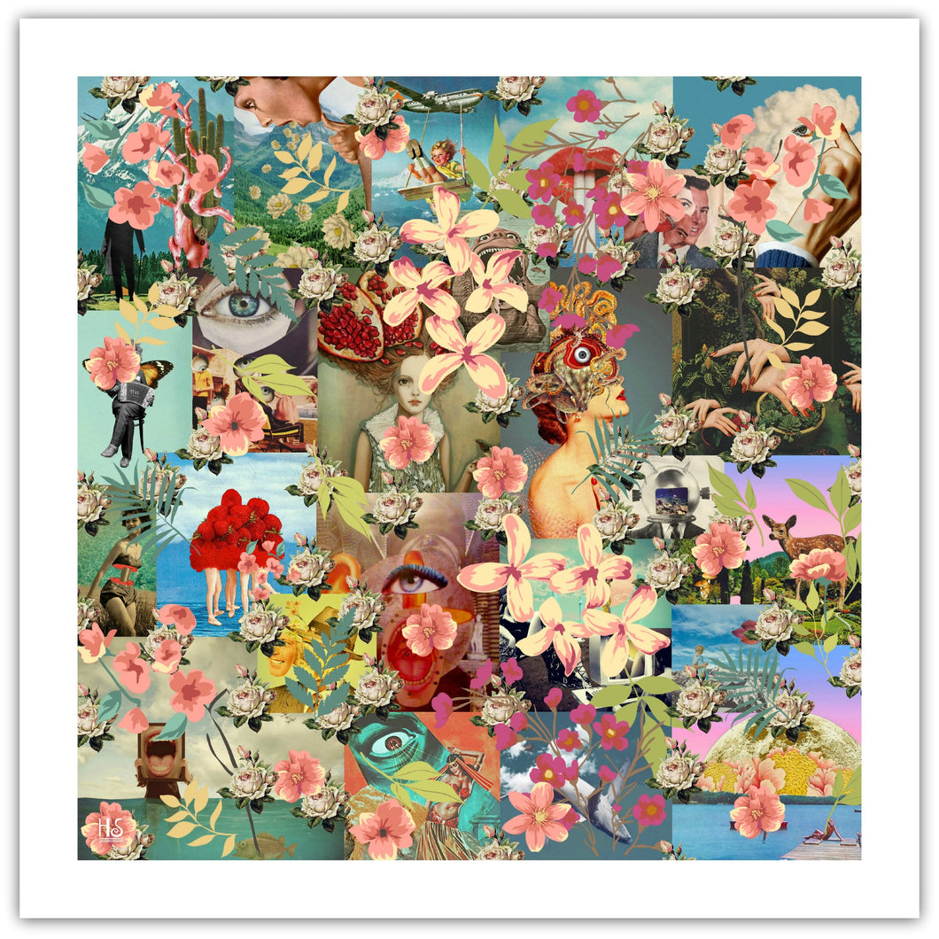 A Taste of Honey - original surrealistisk kunst, der viser en collage af collager, der samlet i ét med et overdækket blomstermønster - af billedkunstner og surrealist Hugo Sax af Helt Sort