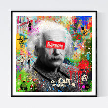 Get Out of Here - original pop art kunst, der viser et sort/hvid portræt af fysikeren Albert Einstein, med et Supreme logo som bjælke henover øjnene. Baggrunden er nærmest abstrakt og meget farvefyldt med graffiti af Banksy - af billedkunstner og pop artist Helt Sort
