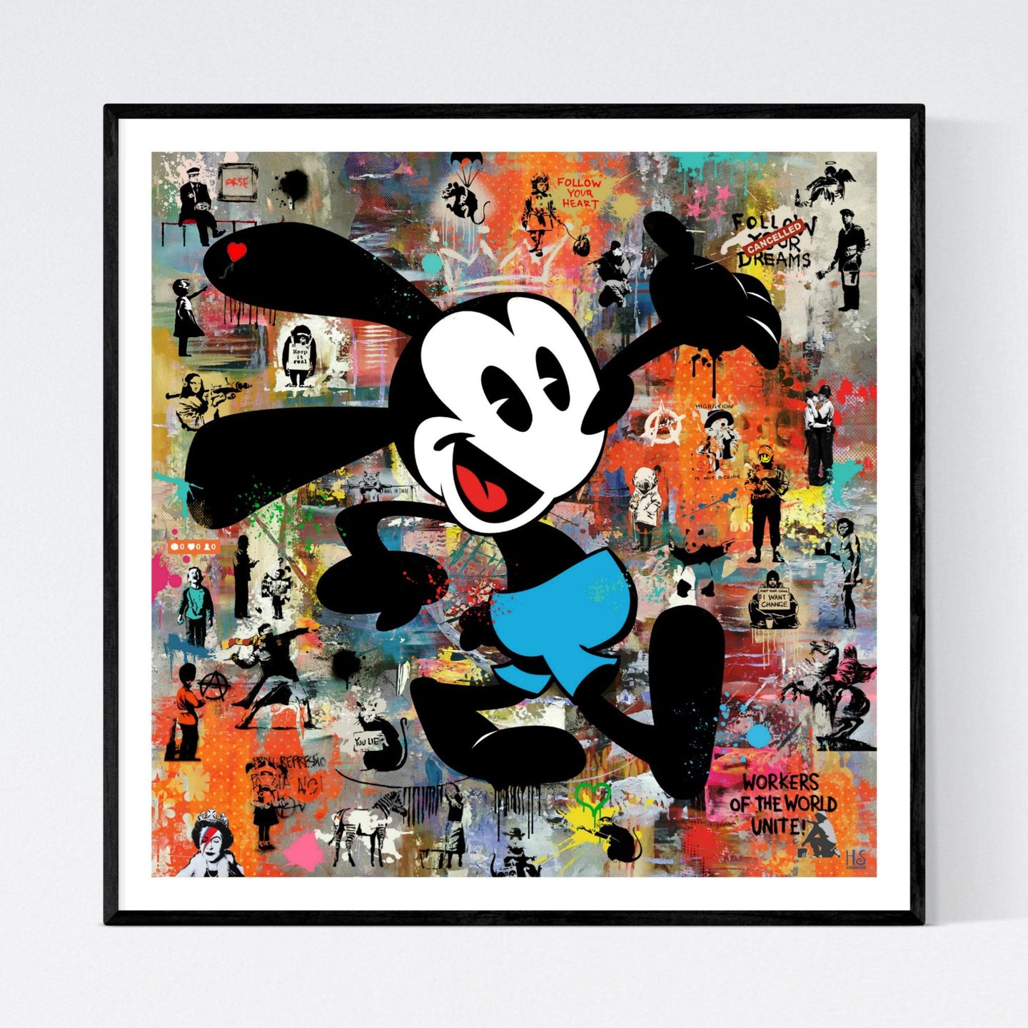 Oswald Salute Banksy - glad pop art kunst, der viser tegneseriefiguren Oswald the Lucky Rabbit på en abstrakt baggrund, der er fyldt med kunstneren Banksy's kendte graffiti motiver - af billedkunstner og pop artist Helt Sort
