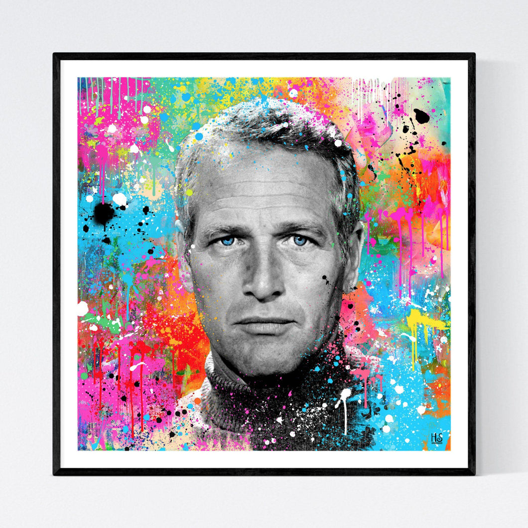 Blue Eyes - original og iøjnefaldende pop art kunst, der viser et sort/hvidt portræt af den ikoniske filmstjerne Paul Newman hvor kun øjnene har farven blå på en meget farvefyldt abstrakt baggrund med masser af malerklatter og -stænk - af billedkunstner og pop artist Helt Sort