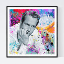 Paul Newman - moderne pop art kunst, der viser et sort/hvid portræt af den ikoniske skuespiller Poul Newman, kiggende grublende væk fra kamereat og med hovedet hvilet i hånden. Baggrunden er meget farvefyldt og af nærmest af actionprægeget abstrakt karakter med maling der løber og malingklatter og det også på selve portrættet - af pop artist og billedkunstner Helt Sort