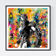 Payback Time - iøjnefaldende pop art kunst, der viser Iron Man i sort/hvid på en meget kulørfyldt baggrund, der nærmest er abstrakt med et street art twist og blandt andet med graffiti af Banksy - af billedkunstner og pop artist Helt Sort