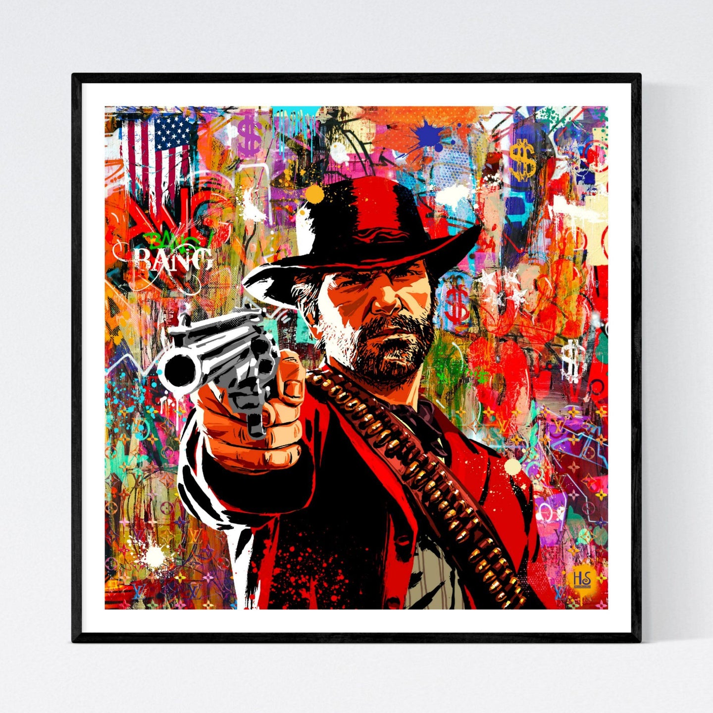 The Bounty Hunter - iøjnefaldende pop art kunst, der viser en sej cowboy pegende ud med en pistol. Baggrunden er kulørfyldt og meget street art og graffiti inspireret med et abstrakt twist - af billedkunstner og pop artist Helt Sort
