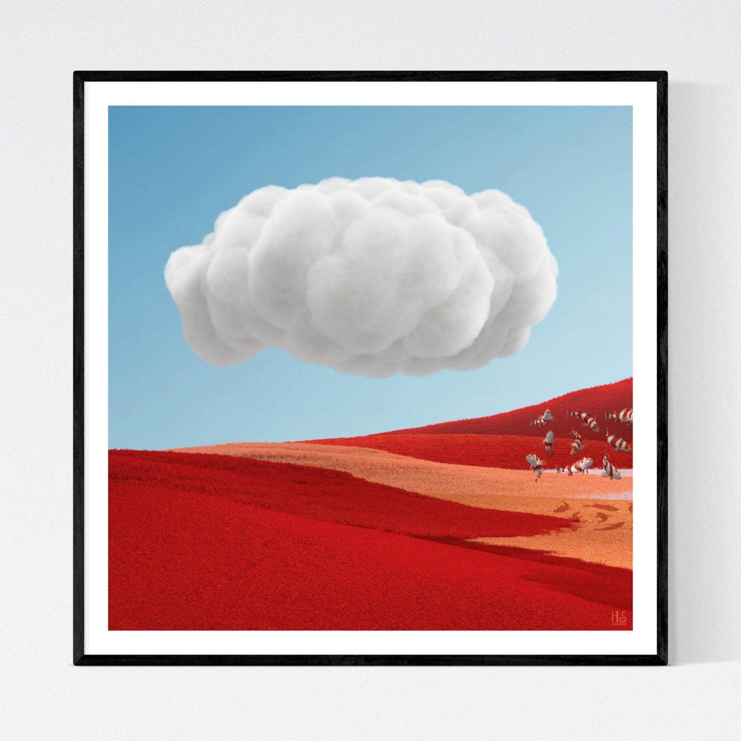 The Cloud - moderne surrealistisk kunst, der viser et meget rødt bakket landskab, hvor en lille flok eksotiske og rødstribede fisk boltrer sig i luften. Over dem, på en meget klar og blå himmel, er der en meget kompakt stor hvid sky - af surrealist og billedkunstner Hugo Sax